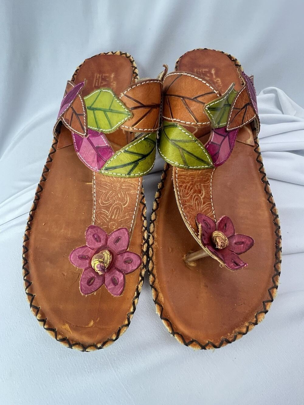 L'Artiste by Spring Step Botanical Leather Wedge Thong Sandals Floral Brown